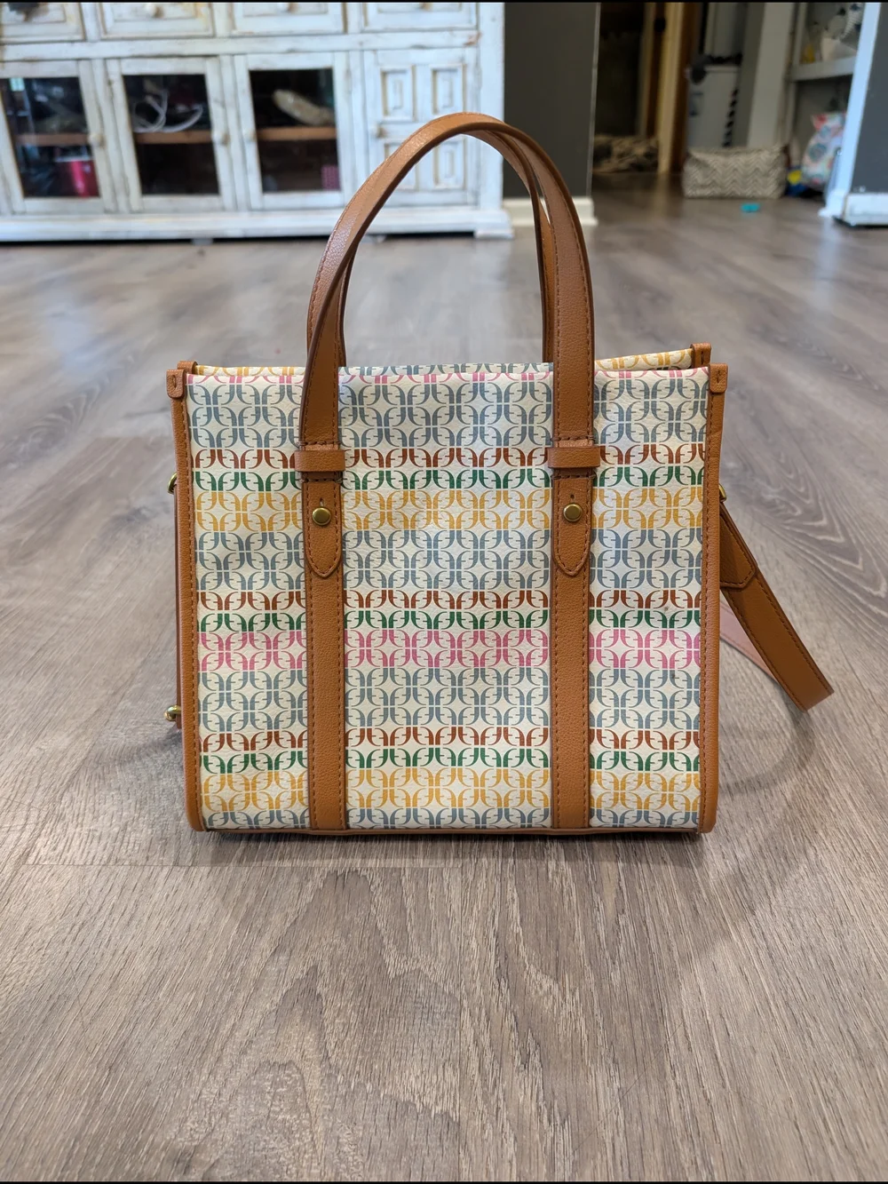 Fossil Kingston Monogram Canvas Leather Crossbody Bag Tote Neutral Multi Color